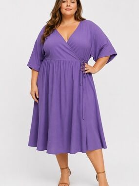ASOS DESIGN PURPLE WRAP MIDI DRESS OVERSIZED VISCOSE LINEN PLUS SIZE UK 28 EU 56